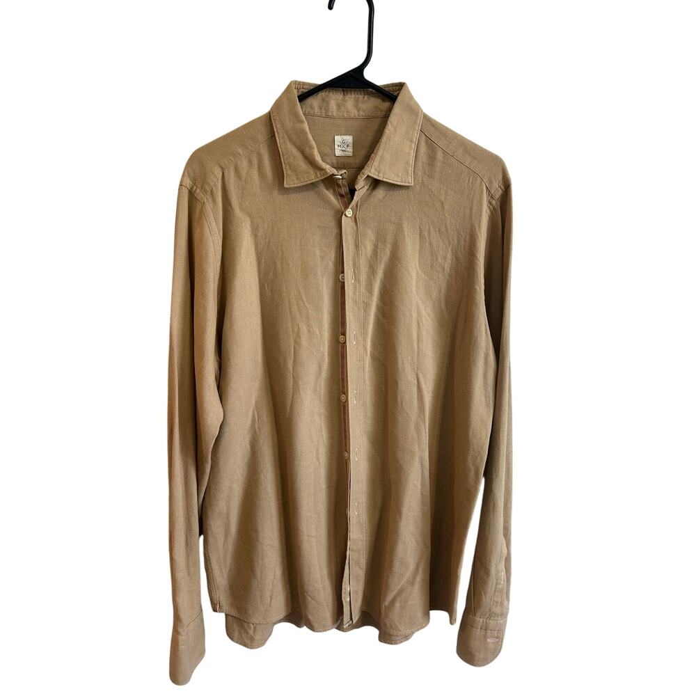 GMF 965 Men's Button Down Shirt Tan Brown Sz 42/16.5 US L Linen Cotton Nice!